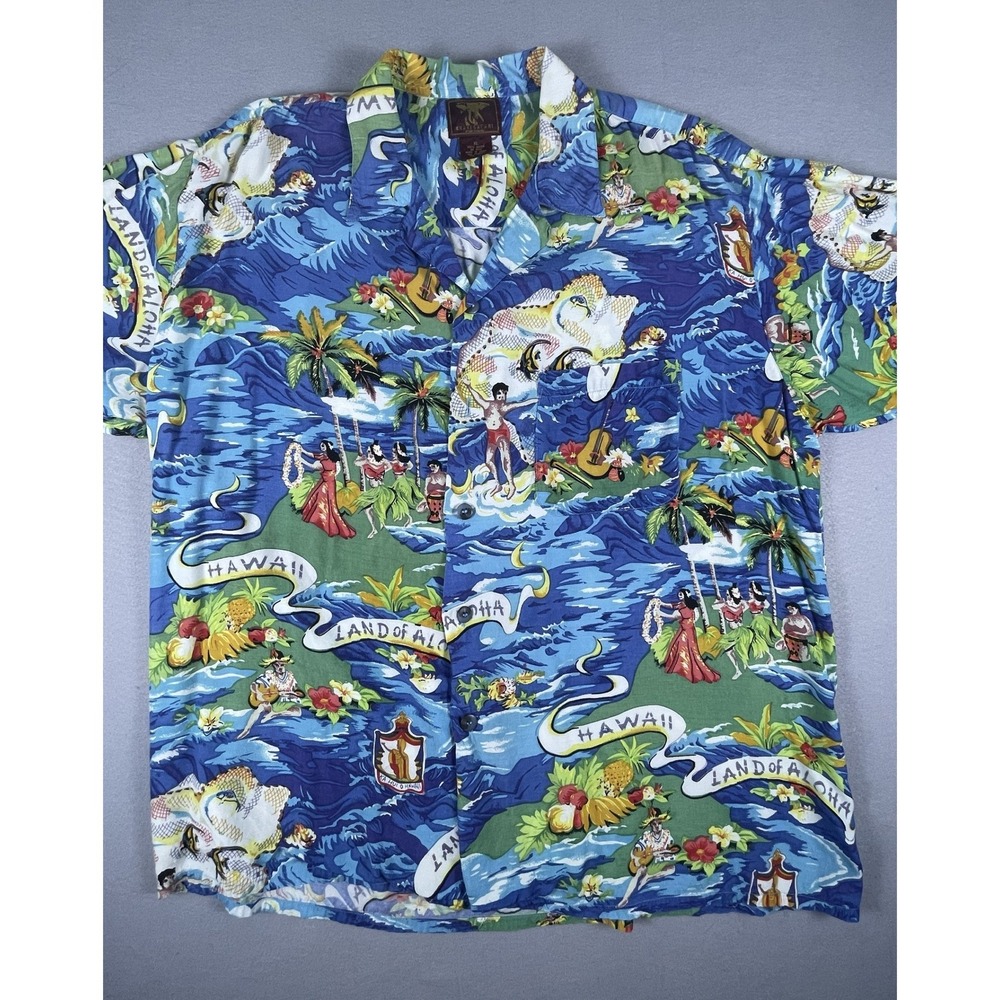 Khaki Safari‎ Shirt Mens XL Blue Land of Aloha Hawaiian Rayon Camp Button Up